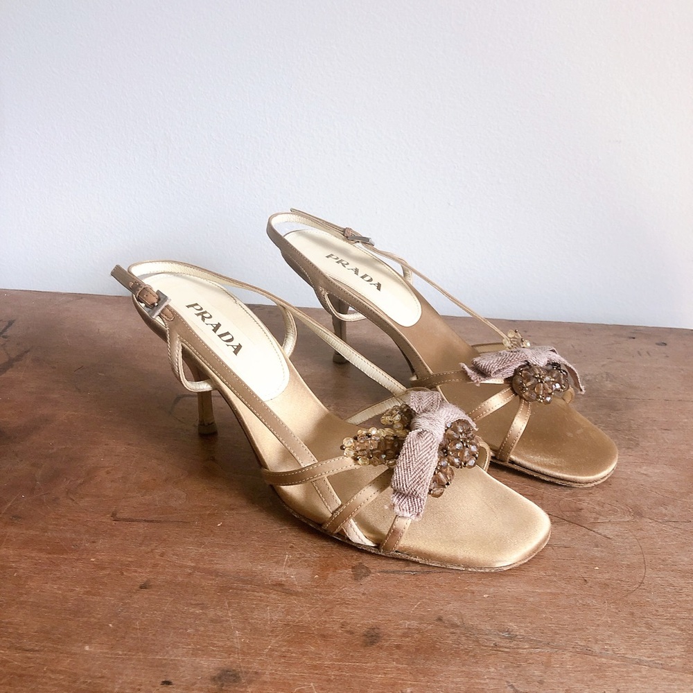 Prada Y2K 90s Women's Gold Heeled Slingback Sandals